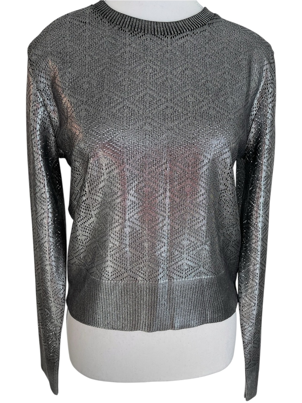 Zara Metallic Silver Crewneck Knit Sweater Size Medium NWT